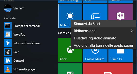 Rimuovere app Windows 10 da menu Start