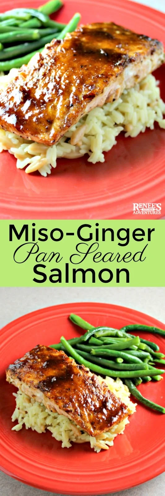 Miso-Ginger Glazed Salmon | by Renee's Kitchen Adventures - easy recipe for pan-seared salmon topped with a sweet and spicy glaze and ready for your table in about 30 minutes! Great seafood dinner menu option or great meatless choice for Lent. We love this fish! #salmon #fish #seafood #meatless