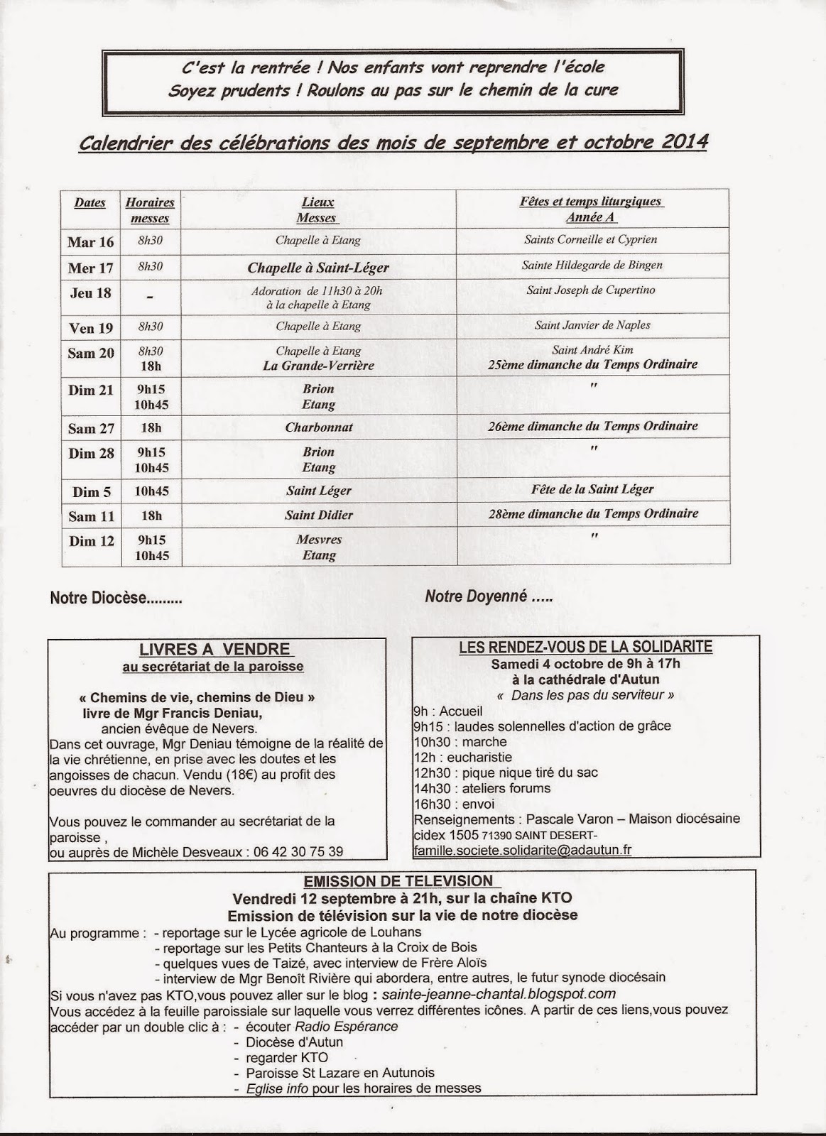 Paroisse Sainte Jeanne de Chantal Feuille paroissiale du dimanche 14