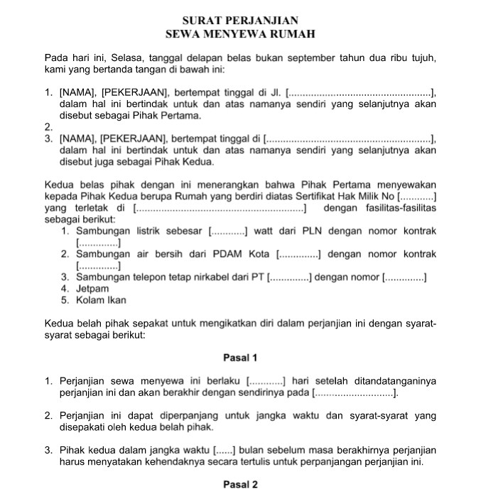 Contoh Surat Resmi Perjanjian Sewa Menyewa Rumah Format 