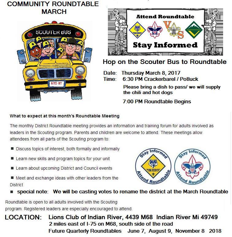[BSA Troop 1 Gaylord Michigan] Roundtable Thursday March 8, 630pm
