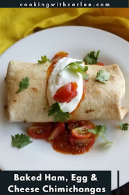 Turn ham, eggs and cheese into a delicious meal. These baked chimichangas are crunchy on the outside and soft on the inside without having to use a fryer. They are a great weekend breakfast or a fun breakfast for dinner option. Of course they are a fabulous way to use up some leftover ham or even leftover baked potatoes as well! Turn ham, eggs and cheese into a delicious meal. These baked chimichangas are crunchy on the outside and soft on the inside without having to use a fryer. They are a great weekend breakfast or a fun breakfast for dinner option. Of course they are a fabulous way to use up some leftover ham or even leftover baked potatoes as well!