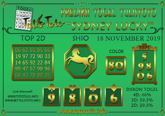 Prediksi Togel SYDNEY LUCKY TODAY TULISTOTO 18 NOVEMBER 2019