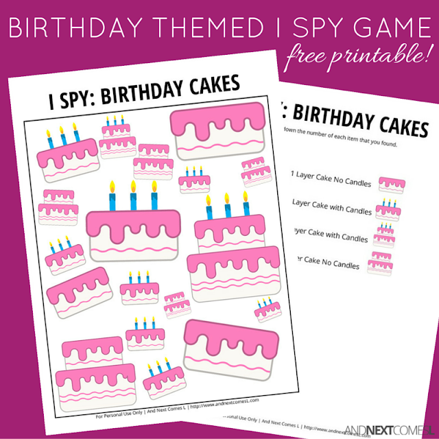 Birthday Themed I Spy Game Free Printable for Kids | And Next Comes L
