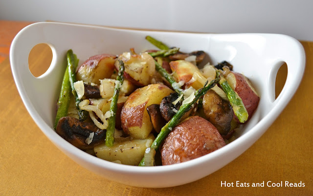 Comfort food that's so hearty and delicious! Perfect addition to any holiday meal! Roasted Potatoes, Mushrooms, Onions and Asparagus Recipe from Hot Eats and Cool Reads