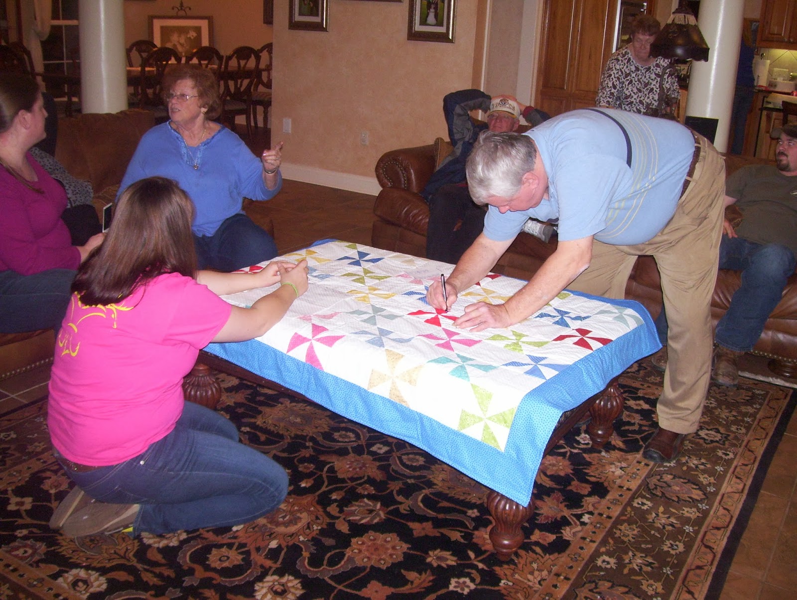 Needles and Pins Signing our Duke Family Signature Quilt...