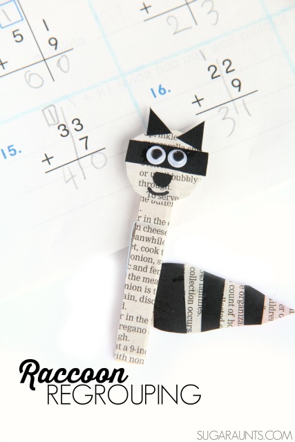 Raccoon craft with a clothes pin for use in second grade math: this Regrouping Raccoon will help with regrouping double digit addition math problems! 