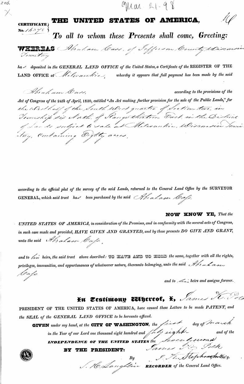 Cass Ancestry Wisconsin Land Purchases Dudley Cass & Abraham Cass