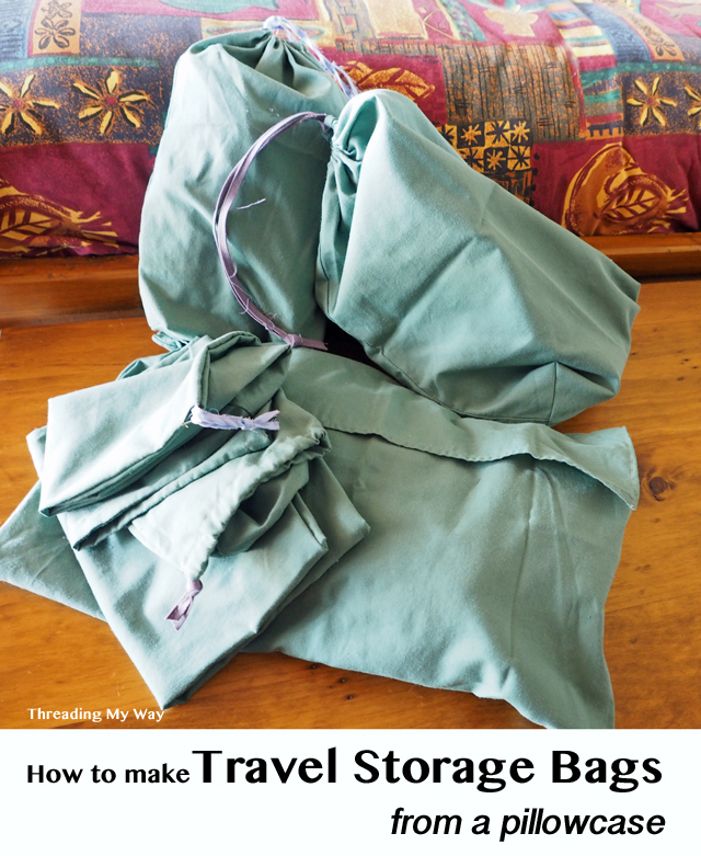 Learn how to make a set of travel storage bags for next to no cost - shoe bag, laundry bag, socks bag, lingerie bag, dirty clothes bag. Tutorial by Threading My Way