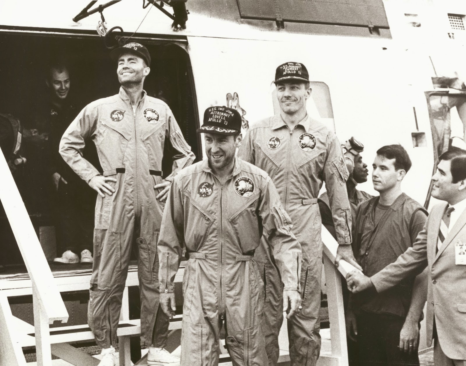 The Apollo 13 crew aboard the U.S.S. Iwo Jima, following splashdown in the South Pacific (1970)
