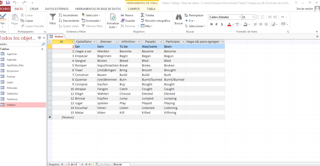 Desarrolla y diseña Bases de Datos Práctica 1 verbos en ingles