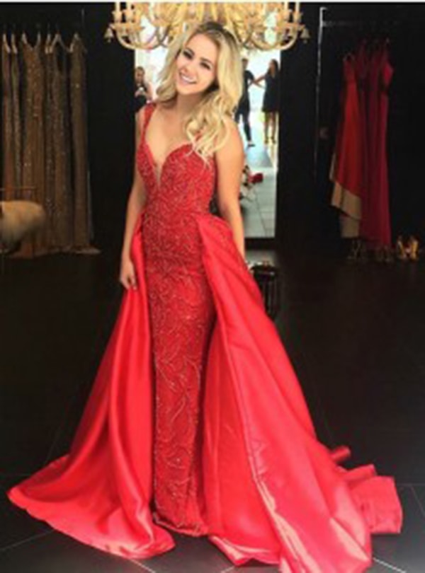 A-Line Straps Sweep Train Red Satin Formal Prom Dress with Beading