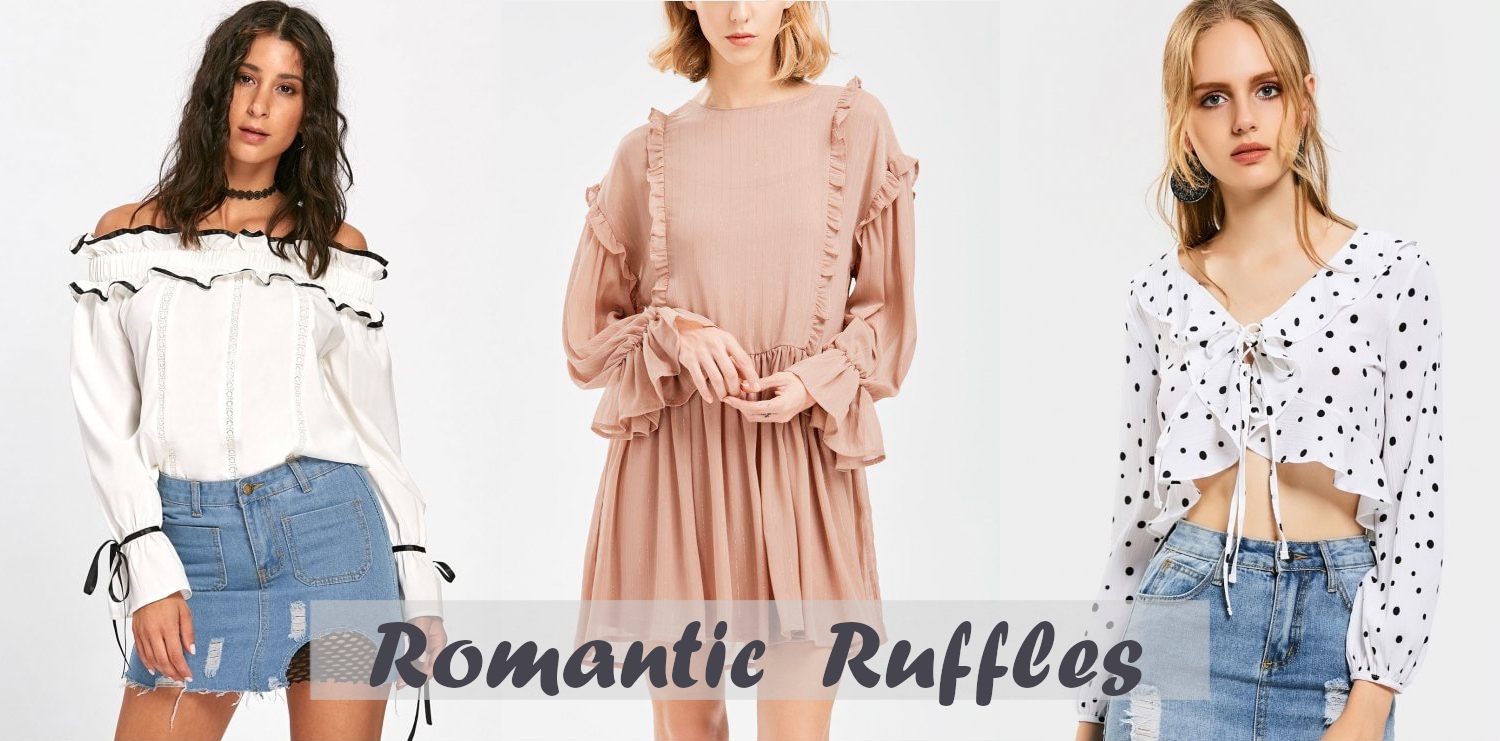 fashion collage with three casual summer looks with ruffle trend