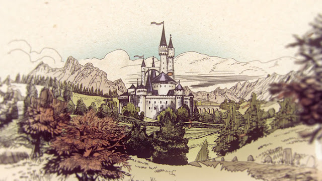 Fairytale illustration for Ella One animated film. Found Collective. Roger Mason Fairytale castle in the countryside. pen and ink drawing by Roger Mason