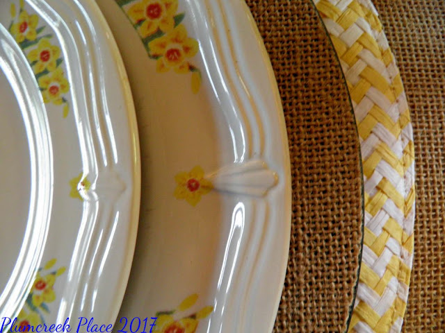 Domestications Easter daffodil and bunny dinnerware burlap chargers, burlap table covering, daffodils, Domestications Bunny Plates, Easter decor, Easter tablescape, Here comes Peter Cottontail, Paper Mache Bunnies, Peter Cottontail, violas