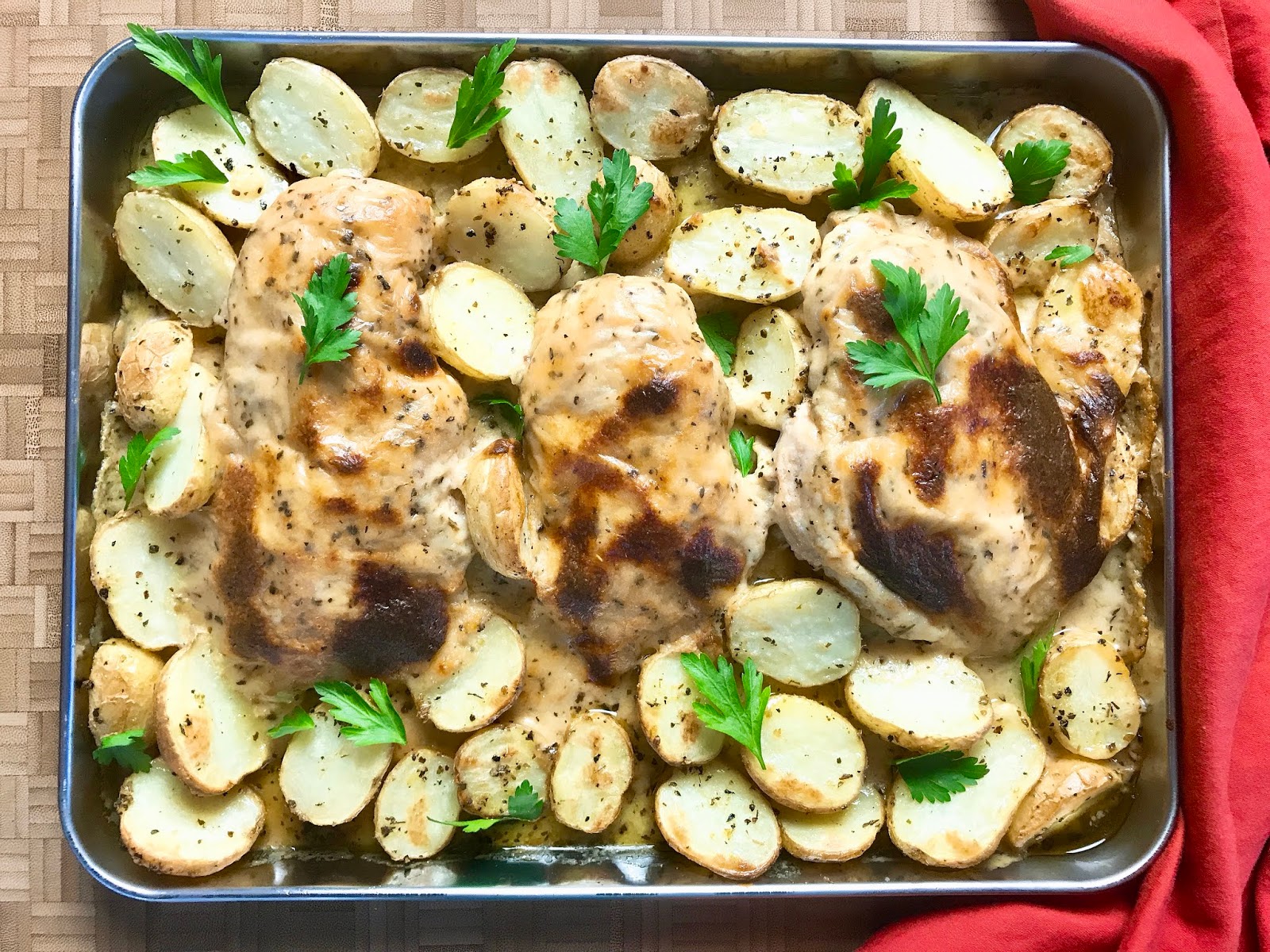 Sheet Pan Chicken and Potatoes with Parmesan Herb Sauce
