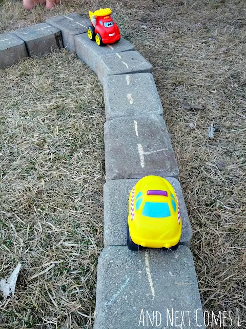 DIY outdoor play roads for kids made from paving stones and chalk