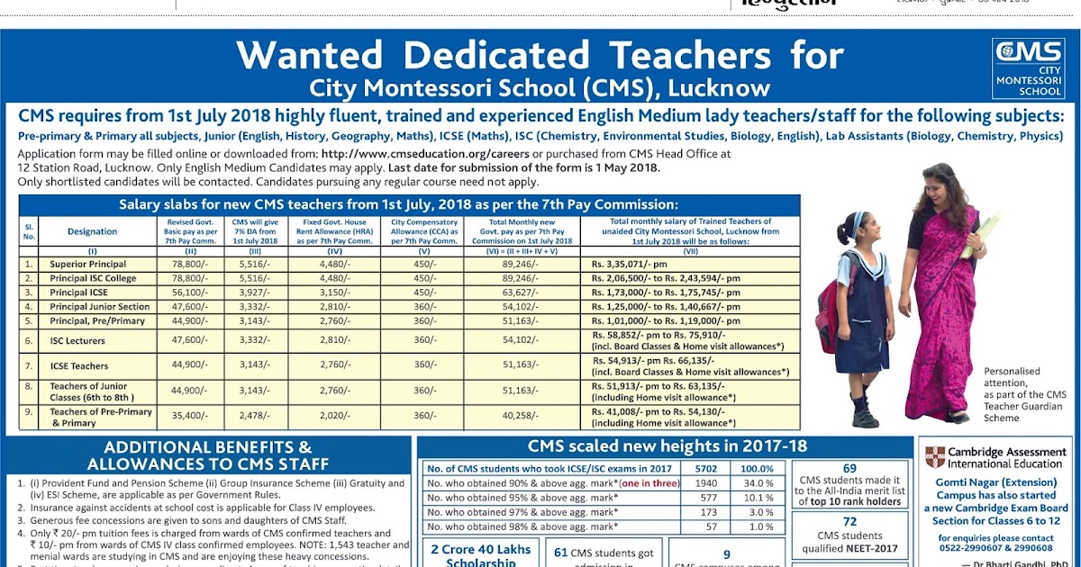 CMS Lucknow Teacher Vacancy 2018 High Salary
