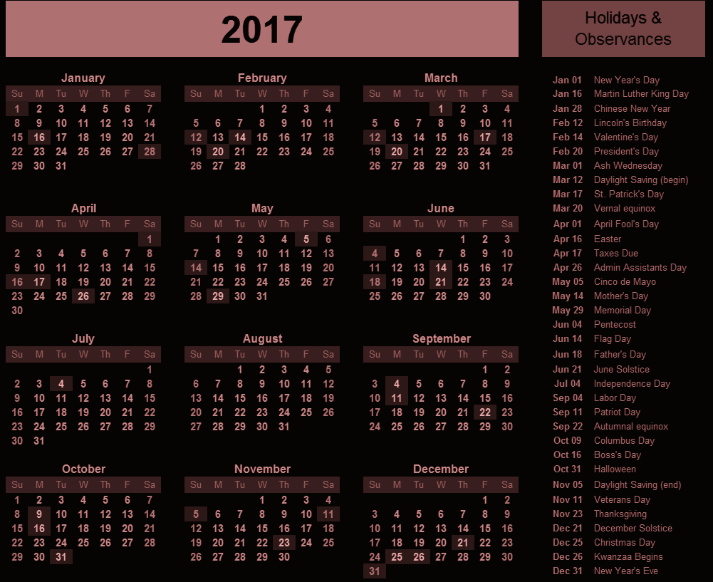 Free Printable Calendar 2018 Usa 2017 Calendar With Holidays