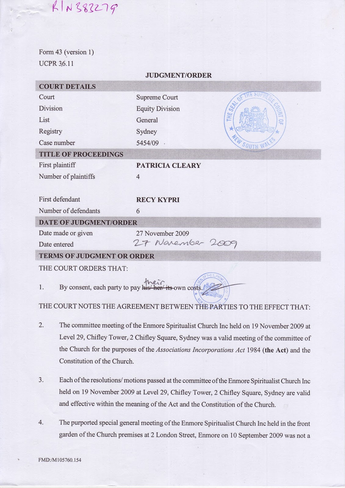 Full Judgment of Supreme Court Proceedings 2009/00291458-001 (then 5454/2009)