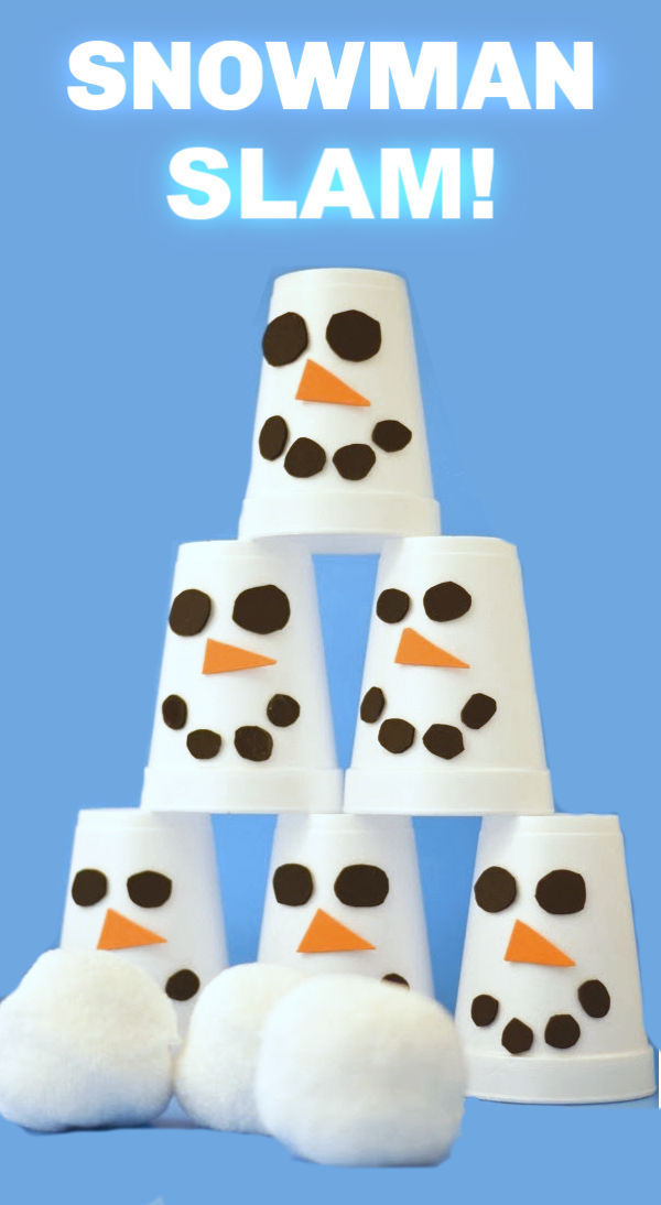 image of snowman decorated upside down Styrofoam cups stacked in a pyramid shape with a blue colored background 