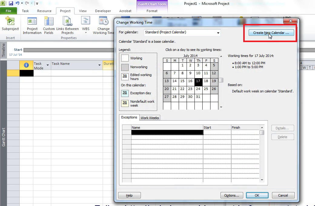 How to set the Global Calendar in MS Project 2010