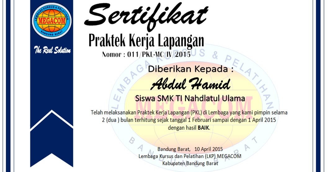 Contoh Sertifikat Prakerin PKL LEMBAGA KURSUS DAN