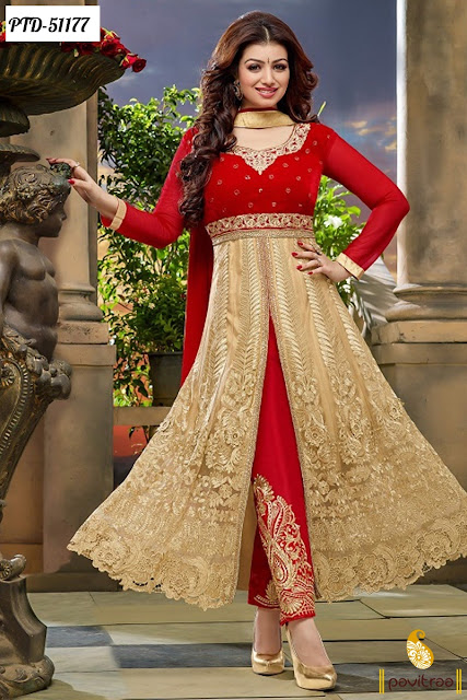 Bollywood Actress Aayesha Takia Special cream and red color net anarkali salwar suit for wedding