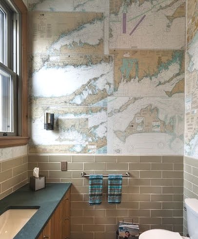 maps wallpaper in bathroom