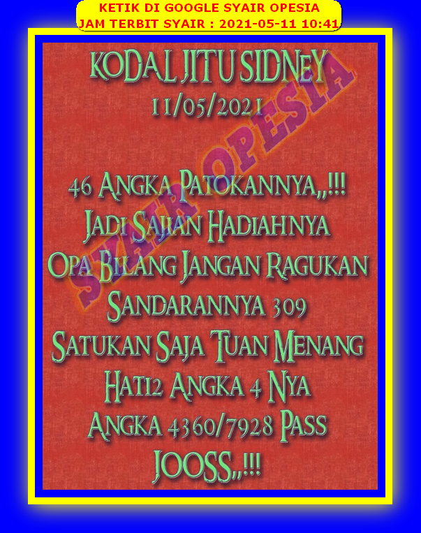 Kode Syair Sydney Selasa 11 Mei 2021 Kumpulan Syair Toto