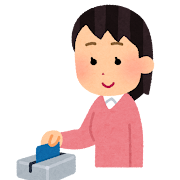 カードリーダーにカードをスワイプする人のイラスト(女性)