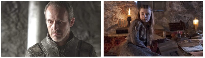 On left, Stannis Baratheon, balding middle aged man on left Shireen Baratheon, teenaged girl with scarred face