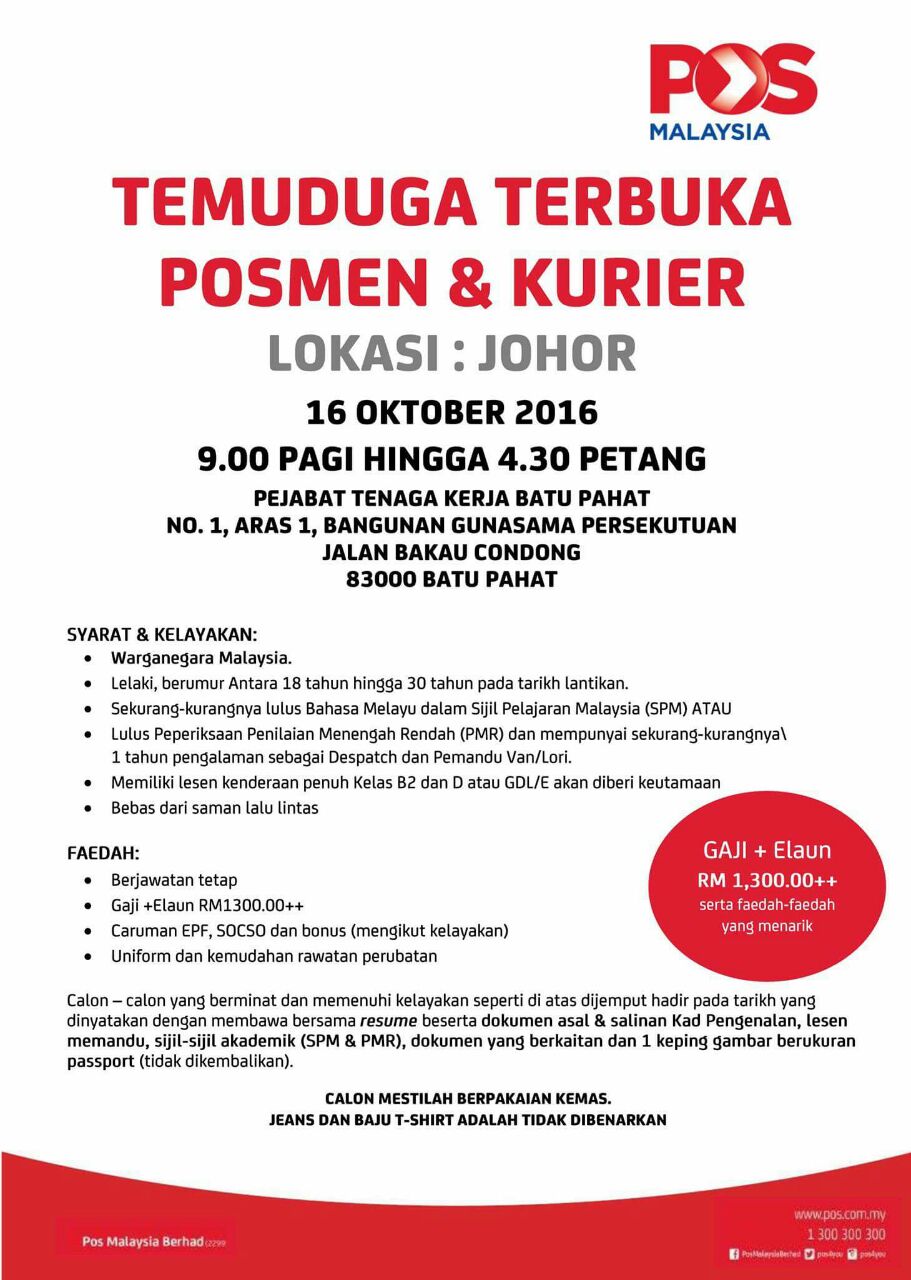 Kerja Di Johor Jawatan Kosong Pos Malaysia