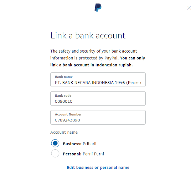 Isian Bank di PayPal