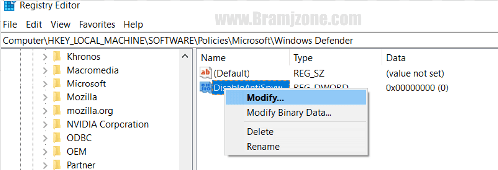تعديل قيم ملف Disable Anti Spyware