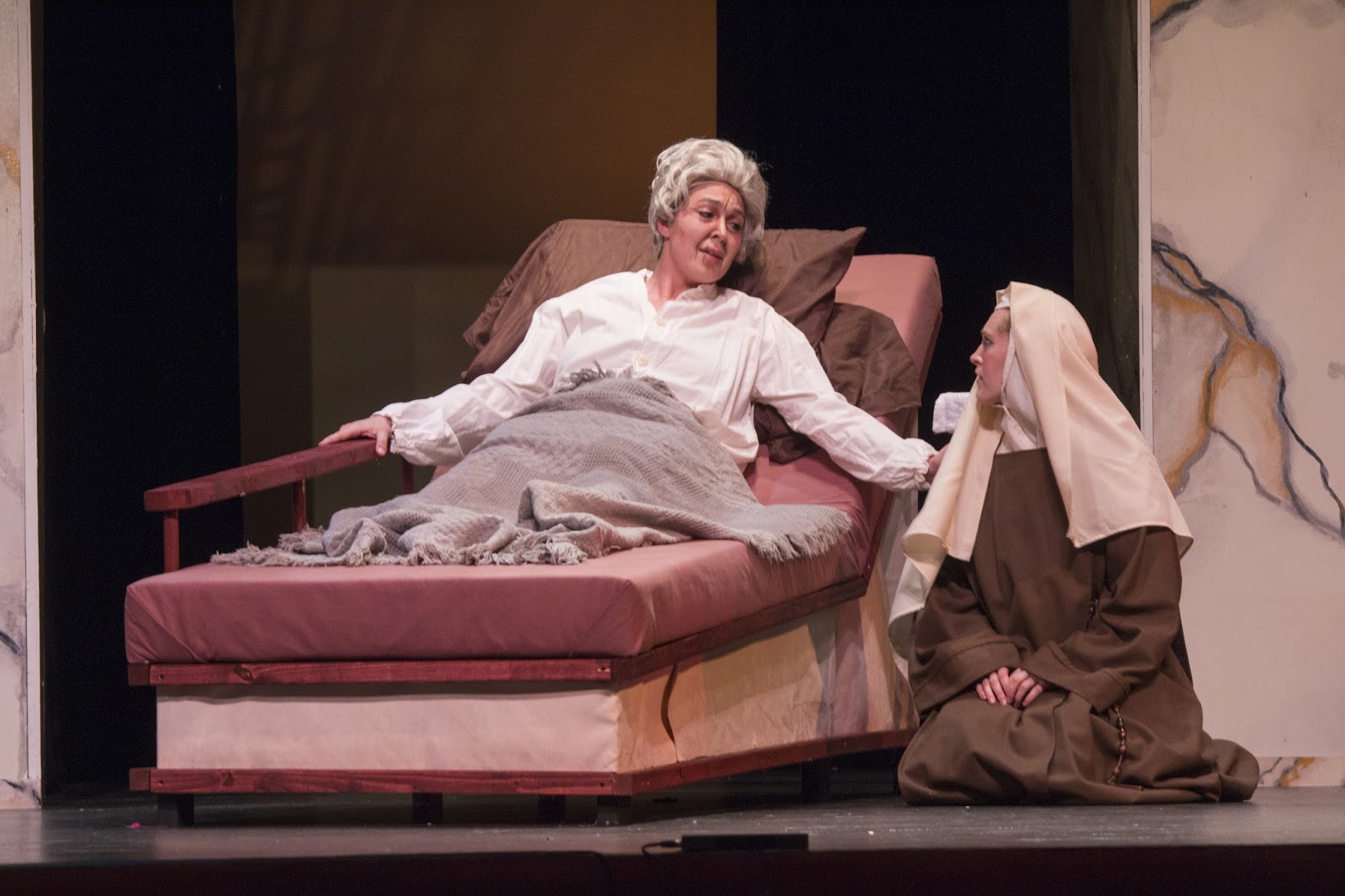 IN PERFORMANCE: Mezzo-soprano NATALIE ROSE HAVENS as Madame de Croissy (left) and soprano ASHLEY OLIVEIRA as Blanche de la Force (right), both performing on 8 April, in UNCG Opera Theatre's production of Francis Poulenc's DIALOGUES OF THE CARMELITES, April 2016 [Photo by Rachel Anthony, © by rayphotographyco.com]