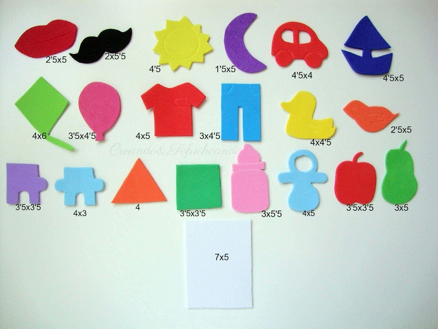 piezas y medidas de las figuras para hacer el juego de memoria en goma eva