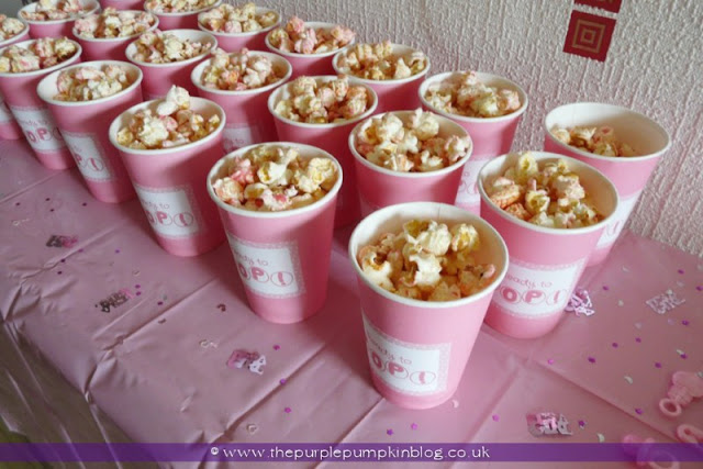 Ready to Pop Popcorn Cups for a Baby Shower at The Purple Pumpkin Blog