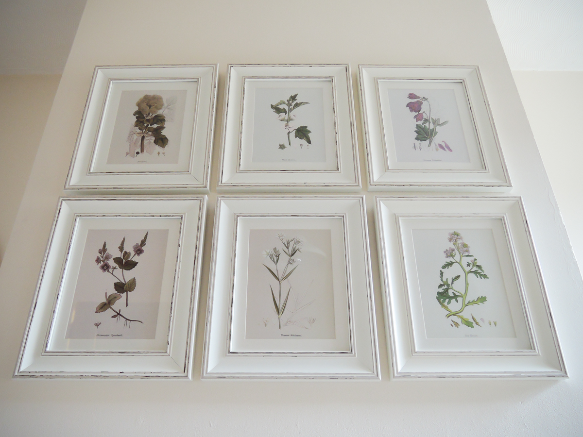 A handmade cottage Botanical print feature wall & how to hang pictures