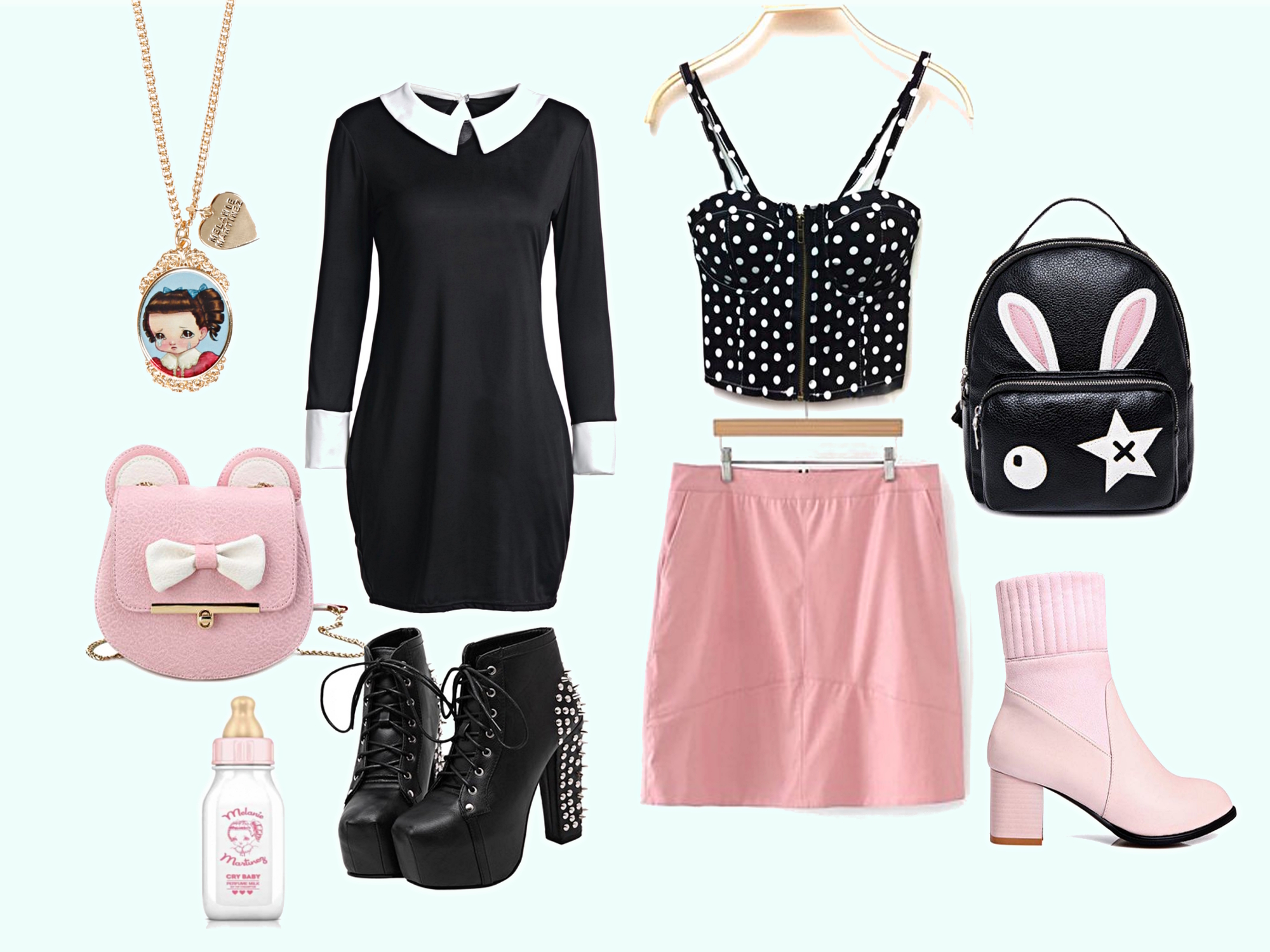 fashion collage with clothing inspired by Melanie Martinez fashion style