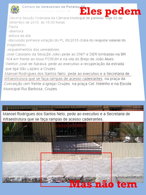 “Manoel Rodrígues dos Santos Neto, pede ao executivo e a Secretaria de infraestrutura que se faça rampas de acesso cadeirantes, na praça da Conceição (em frente a igreja) Cruzes, na praça Cel. Melinho e na Escola Municipal Rui Barbosa, Cruzes.”