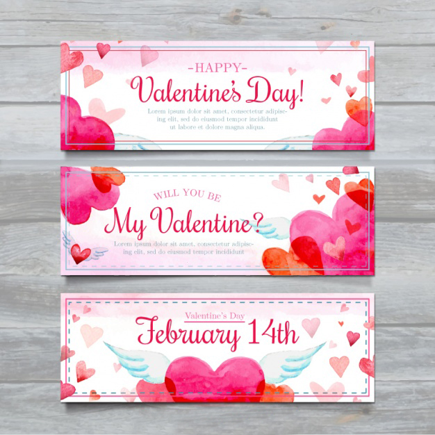 Set of three watercolor hearts banners Free Vector