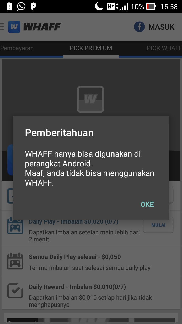 Cara mengatasi Whaff hanya bisa digunakan di perangkat android maaf 