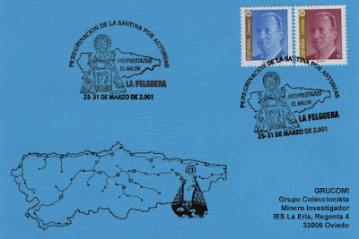 Matasellos dedicado a la peregrinación de la Santina por Asturias en 2001