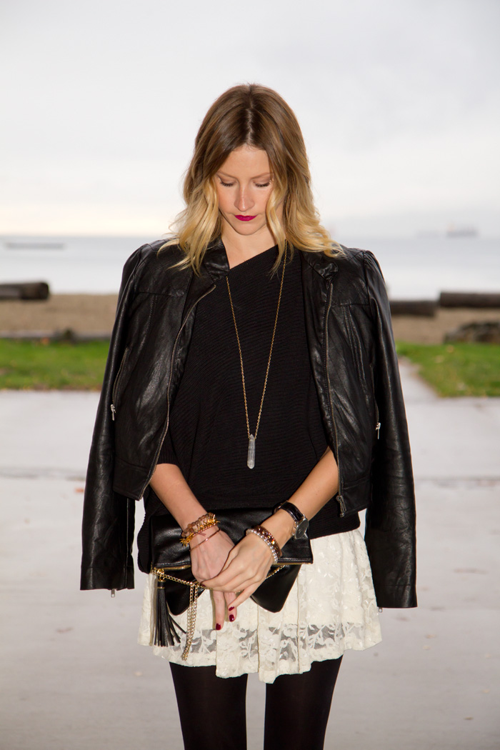 Vancouver Fashion Blogger, Alison Hutchinson, wearing Forever 21 black leather jacket, Club Monaco black maxi sweater, Aritzia white lace dress, Anne Klein black leather boots, True Worth Design crystal pendant necklace, and bead bracelets, Stella and Dot Renegade Cluster bracelet, Givenchy bangle, and MAC Diva lipstick