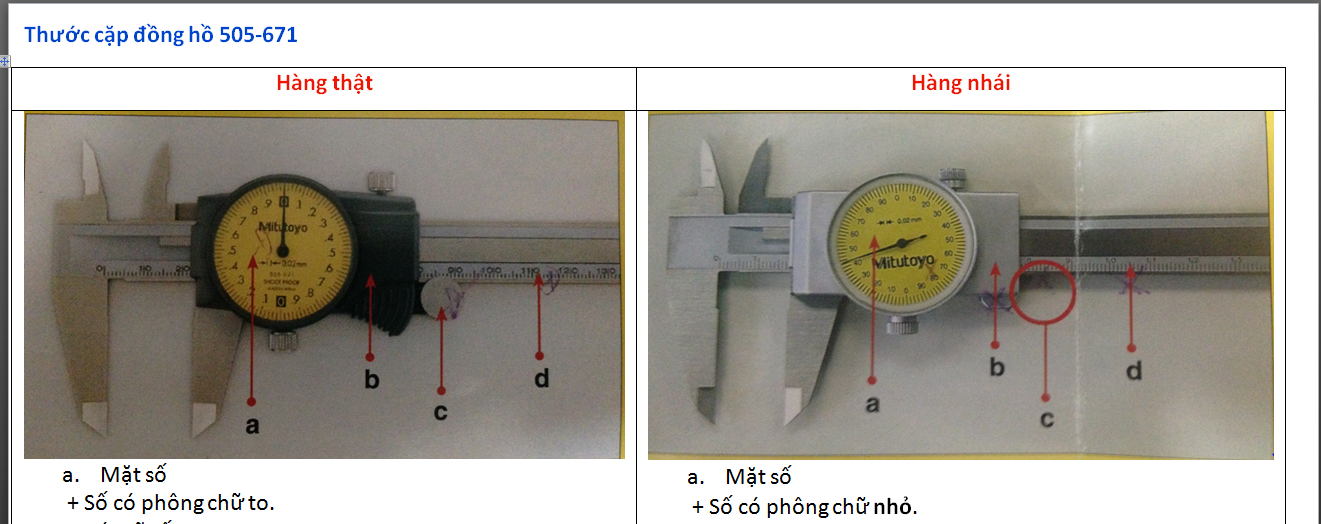 Phân biệt thước cặp đồng hồ  Mitutoyo 505-671 thật và giả 