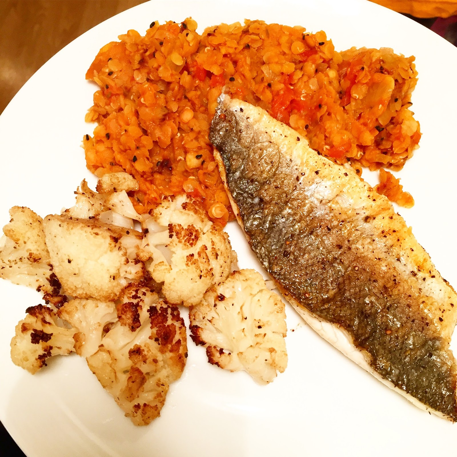 Roasted Cauliflower Dhal with Pan Fried Sea Bass