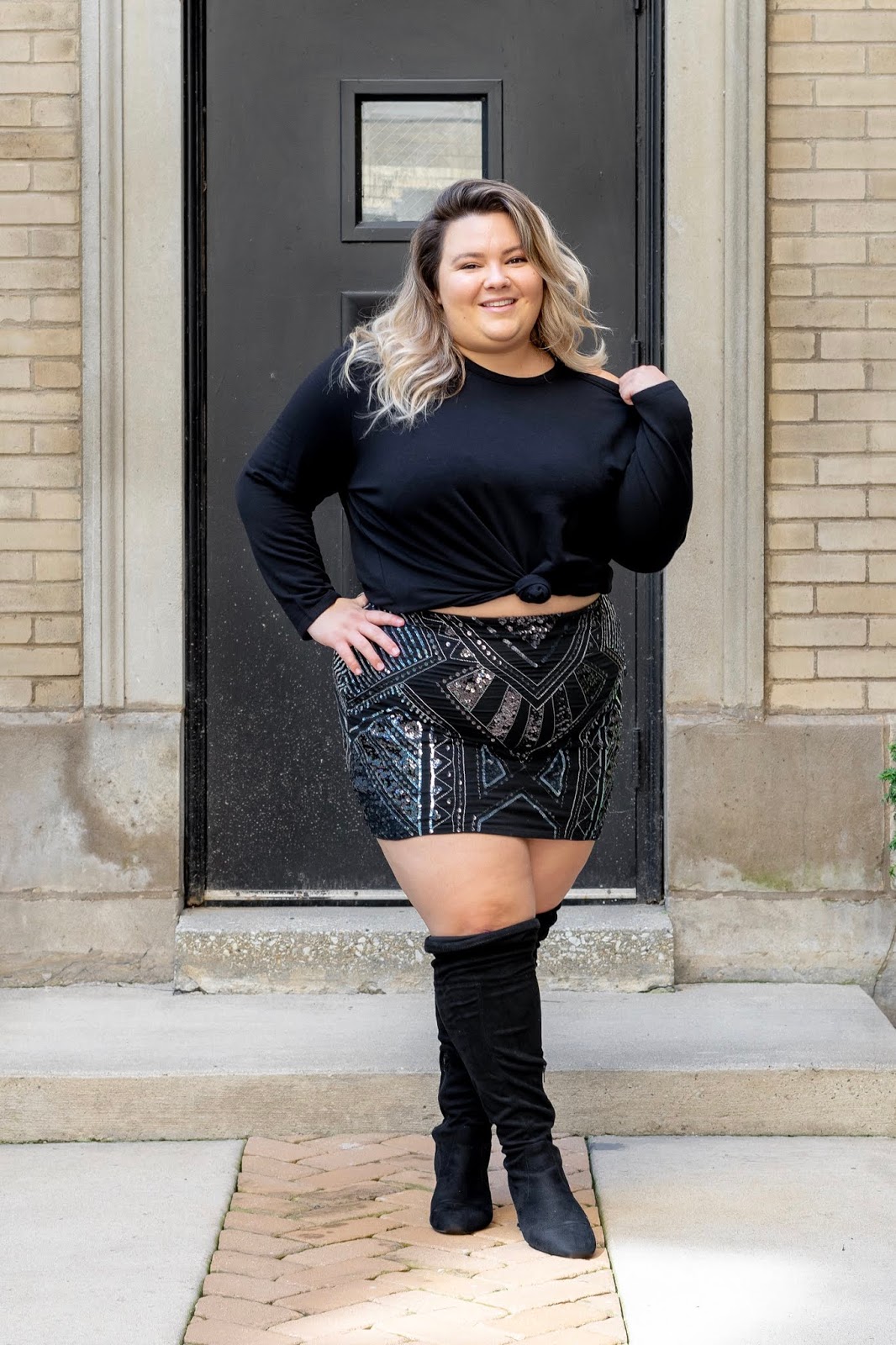 Chicago fashion blogger, Chicago plus size fashion blogger, natalie Craig, natalie in the city, plus size fashion, Chicago fashion, plus size fashion blogger, eff your beauty standards, fatshion, skorch magazine, Chicago model, plus size model, plus size petite, affordable plus size clothing, embrace your curves, plus model magazine, petite plus size, body positive, express plus sizes, sequin skirt, wide calf knee high suede boots, rebel Wilson x angels, cold shoulder