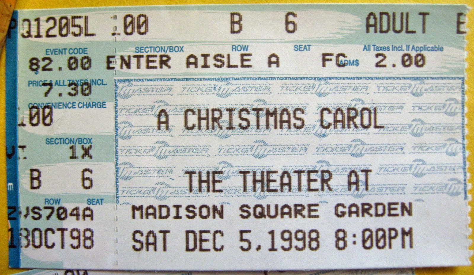 My ticket stub to see Roger Daltrey as Scrooge Dec 5, 1998 at MSG