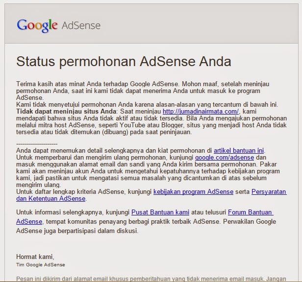 Contoh ditolak Google Adsense karena alasan URL Invalid 